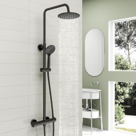 SKY Bathroom Round Thermostatic Exposed Shower Mixer Twin Head Set Black