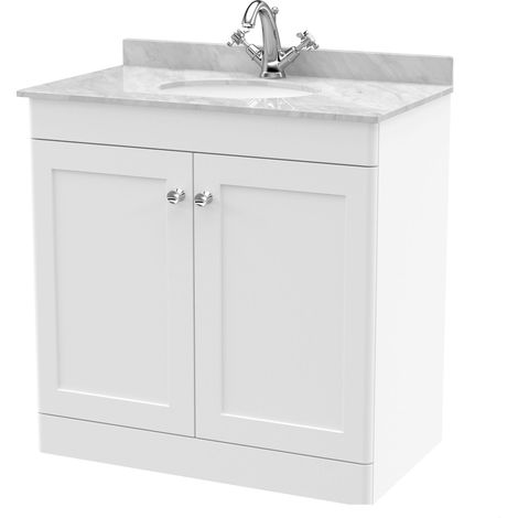 Swynnerton Traditional 2 Door Floor Standing Vanity Unit with Marble Basin, Satin White, 800mm
