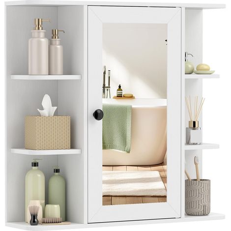 COSTWAY Armadietto Bagno A Parete Con Specchio Mobile Da Bagno Sospeso A Muro Mobiletto A Parete Con Specchio Trasparente Mobiletto Pensile Specchiera 6 Scomp