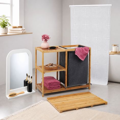 Set da bagno in bambù naturale (4 pezzi) - Specchio con mensola, tappetino da bagno, tenda da doccia e stendibiancheria (1/5)