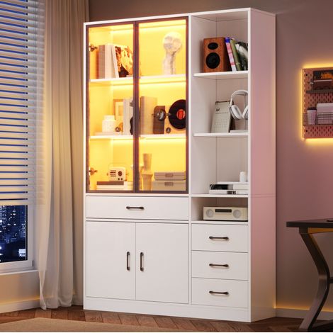 Vitrine bibliothèque 120x35x200 cm blanche en panneaux de particules avec LED, 4 tiroirs et 13 rangements (1/5)