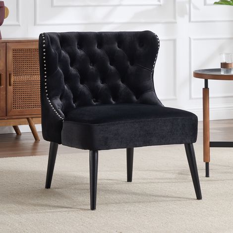 Wahson Fauteuil Velours avec Pieds en Bois Massif, Fauteutil de Salon sans Accoudoirs, Fauteuil Crapaud Pour Salon, Noir (1/5)