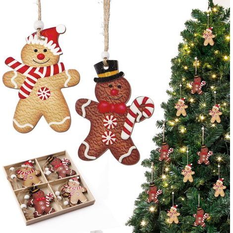 12Pcs Décoration Sapin Noël Pendentif en Bois Motif Bonhomme Pain d’épice Suspension Ornement à Suspendre pour Arbre Noël Chambre Intérieure (1/5)