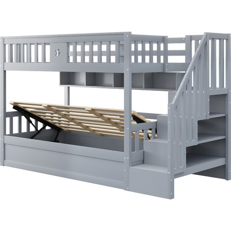 Hochbett 90 x 200 cm mit hydraulischem Unterbett, Stauraumtreppe und Regalen, Grau - HOMVRA (1/5)