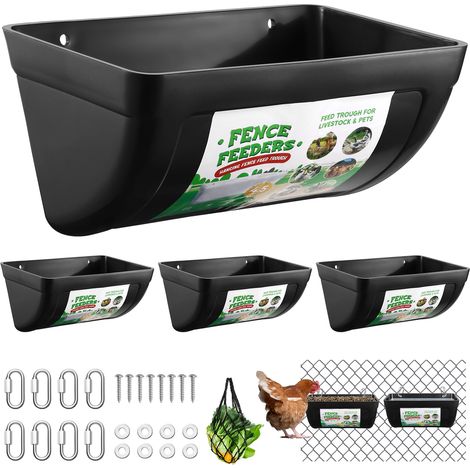 Lot de 4 mangeoires pour clôture de poulailler, 4,5 quart Goat Feed Troughs, mangeoires à fence suspendue avec crochets, vis, et sac de traitement de poulet, seau à eau Poultry, mangeoire pour canards (1/5)
