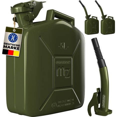 MONZANA® 3x 5 Litre Metal Fuel Canister With Spout  0.9mm Thick Steel Jerry Can  Leak-Proof Safety Lock  UN-Approved Transport Container  Petrol Diesel Oil Water  Corrosion Resistant Storage  Green