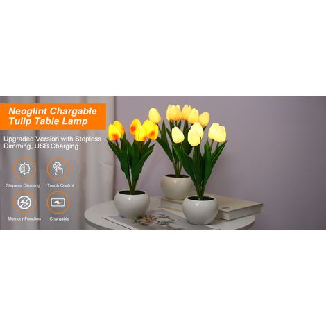 Ortviai Lampe de table décorative en forme de tulipe – pot à fleurs lumineux avec 6 têtes, couleur orange, rechargeable