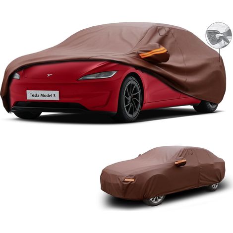 Housse de Voiture Extérieure avec Aspect Cuir de Vache pour Model 3 2017-2026, Bâche Voiture Étanche Respirante avec Pare-Soleil, Housse de Protection avec Zip et Doublure en Coton. (1/5)