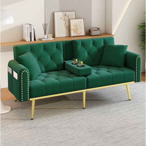 Divano letto 175x80x73.5 cm, schienale reclinabile a 3 posizioni, portabicchieri e tasca laterale, velluto verde (1/5)