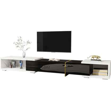 Mobile TV allungabile con funzione rotante, effetto marmo bianco, finitura nera lucida opaca e dettagli oro, 140-260 cm per soggiorno moderno - CHICFURN (1/5)