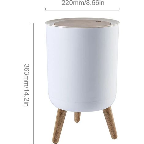Poubelle ronde 7L (7L) en plastique, aspect bois, à pression, style nordique, avec pieds. Convient pour salle de bain et salon. (1/5)