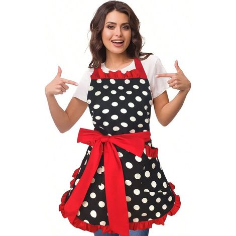 Joli tablier, style vintage à pois noirs, côtés plissés rétro, tablier de cuisine vintage avec poches, convient aux femmes et aux filles, côtés rouges (1/5)