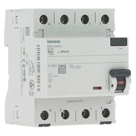 SIEMENS INTERRUPTEUR DIFFÉRENTIEL TÉTRAPOLAIRE 63A 30MA TYPE A 4 MODULES 400V SIE026376