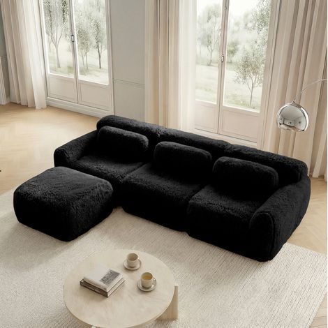 Modulares Ecksofa (291x179x73 cm), rahmenlos, ohne Montage, mit Kissen, Plüschstoff, Schwarz (1/5)
