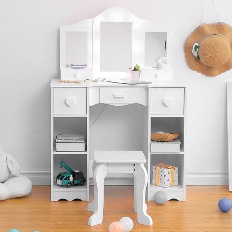 Coiffeuse 2 en 1 pour Enfants avec Miroir Amovible à 3 Volets, Lumière LED et Tabouret - Table de Maquillage en Bois Style Princesse avec Tiroir et Accessoires pour Filles