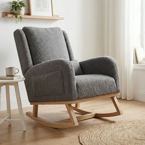 Poltrona a dondolo Sedia relax da camera e soggiorno, 93x70x96cm con tasche laterali e cuscino, Tessuto effetto Teddy, Design ergonomico, Grigio