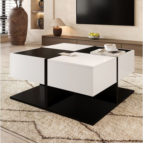 Table salon rangement 70x70 cm noire blanche 2 tiroirs OKMYHOME (1/5)