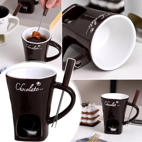Tasse à Fondue au Chocolat, 200 ML Services à Fondue au Chocolat, Tasse à Fondue au Chocolat en Céramique, Tasse à Fondue avec Fourchette et Bougie À Thé, Tasse à Fondue pour Bonbons et Chocolat (C) (1/5)