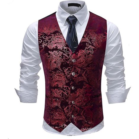 Herren-Anzugweste mit V-Ausschnitt, gemustert, Business Casual, Gold/Silber, 6 Farben – Größe M – Rot (1/5)