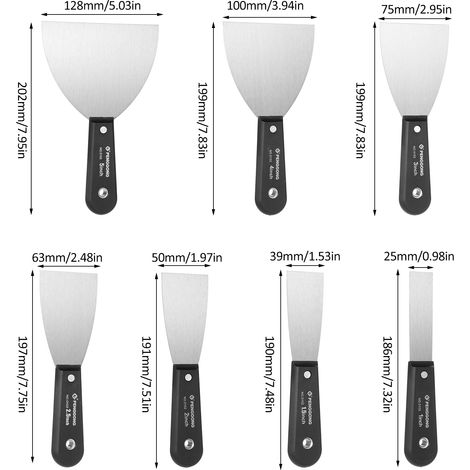 Set di 7 spatole PENGGONG (2,5/3,8/5,8/6,3/7,6/12,7 cm) Spatole e raschietti in metallo per adesivi per cartongesso, carta da parati, cottura e pittura. (1/5)