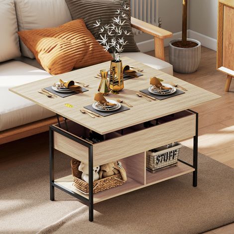 Table basse relevable et extensible - 98x49x55cm - table de salon avec compartiment caché étagères ouvertes - bois naturel (1/5)