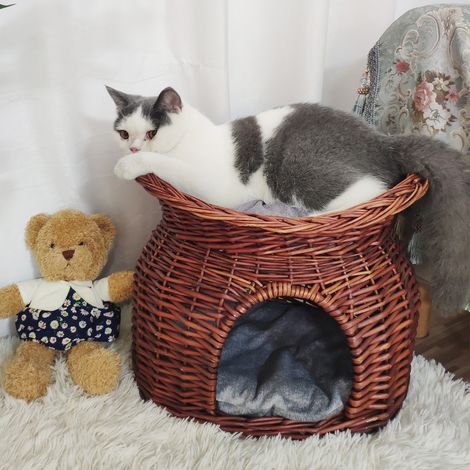 BingoPaw Double Cat/Kitten/Puppy Bed Natural Woven Seagrass Twin Basket/Pod/Igloo/Cave, Brown (1/5)