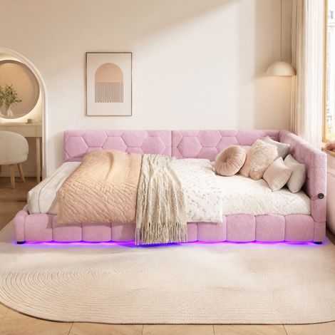 Lit de jour 140x200 cm avec sommier, LED 16 couleurs, USB-C, rose HAVRYA (1/5)