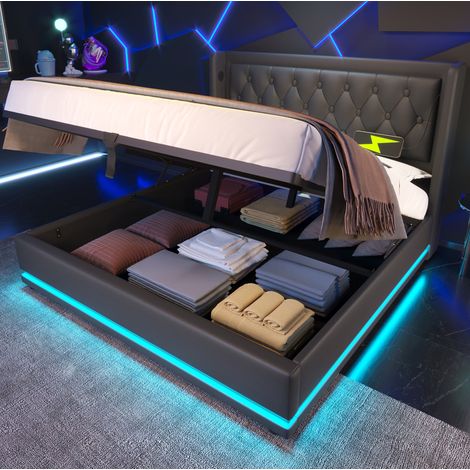 Lit coffre PU noir 160x200 cm avec tête de lit capitonnée, USB Type-C, LED 3 côtés et sommier à lattes (1/5)