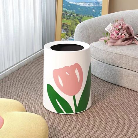 Poubelle ronde à motif floral, grande ouverture, design mignon et moderne, idéale pour la cuisine, la salle de bain et la chambre. (1/5)
