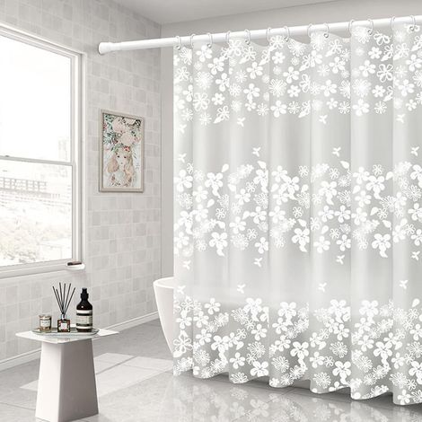 Rideau de douche transparent 120 x 180 cm, motif fleurs Peva, sans perçage, blanc, pour baignoire, anti-moisissure, imperméable et à séchage rapide (1/5)