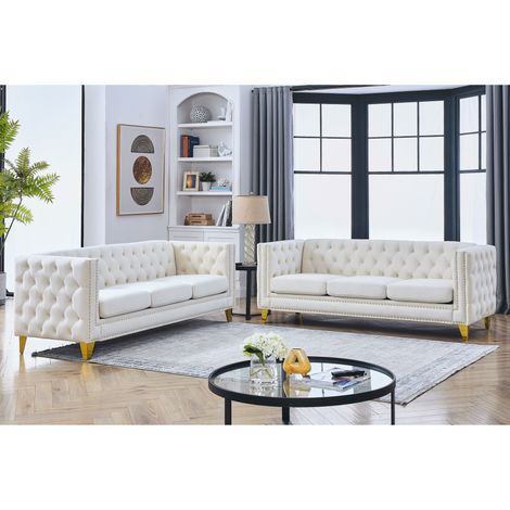 Canapé moderne - Canapé en velours de style Chelsfield, avec pieds dorés, boutons capitonnés, pour salon, Beige, réf. W3349S00170 (1/5)