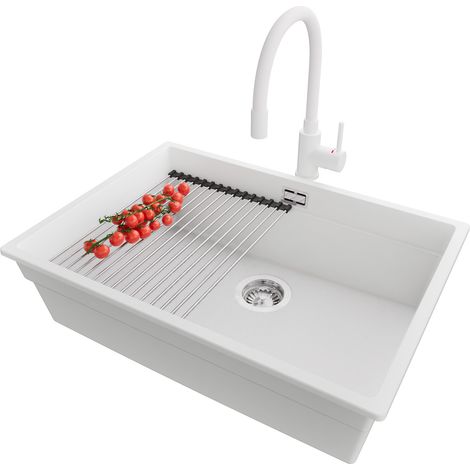 PRIMAGRAN Evier Cuisine en Granit 66x47cm, Lavabo 1 bac + Robinet 38x14cm + Kit de Vidage + Accessoire, Évier à Encastrer au meuble 70cm - Prague Slim, Blanc (1/5)