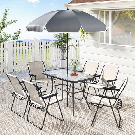 Conjunto de Mesa y Sillas Jardín de 8 Piezas con Sombrilla 6 Sillas Plegables Mesa de Vidrio Templado Crema