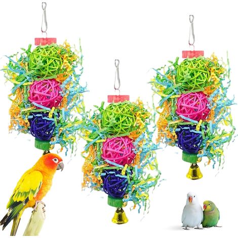 3 PCS Bird Toys, Hanging Multicolor Parrot Chewing Toy Bird Shredding Toys Parrot Toy Include Rattan Balls and Bells for Small and Medium-Sized Parakeets Budgies Conures Finches