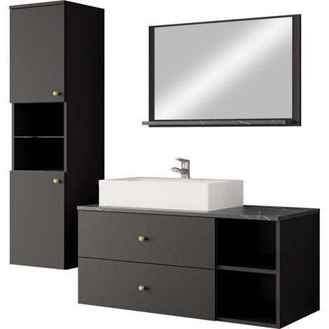 Conjunto de mueble de baño Salus II, Negro + Mármol negro (1/4)