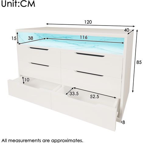 Buffet moderne blanc 120x40x85cm, commode à 6 tiroirs avec éclairage LED, armoire de rangement motif marbre, meuble design pour salon et chambre. (1/4)