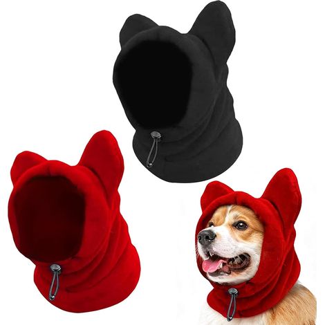 2 pièces snood chien, cache oreille chien polaire réglable, casquette chien hiver anti-bruit pour petit chien, rouge et noir (1/5)