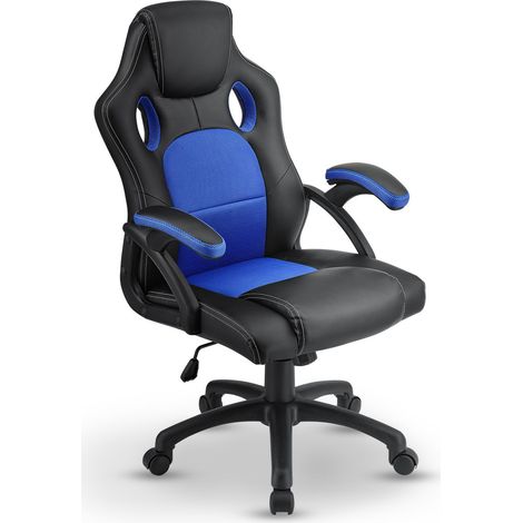 Juskys Racing Schreibtischstuhl Montreal - ergonomisch, höhenverstellbar & gepolstert, bis 120 kg - Bürostuhl Drehstuhl PC Gaming Stuhl - blau (1/5)