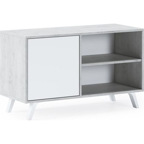 Skraut Home - Mueble TV 100 con puerta izquierda, salón comedor, Modelo WIND, color estructura Gris Cemento, color puerta Blanco Mate, medidas 95x40x57cm de altura. (1/6)