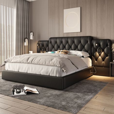 Cama con espacio de almacenamiento en piel sintética negra 160x200 cm con cabecero alargado, USB y luces de lectura (1/5)