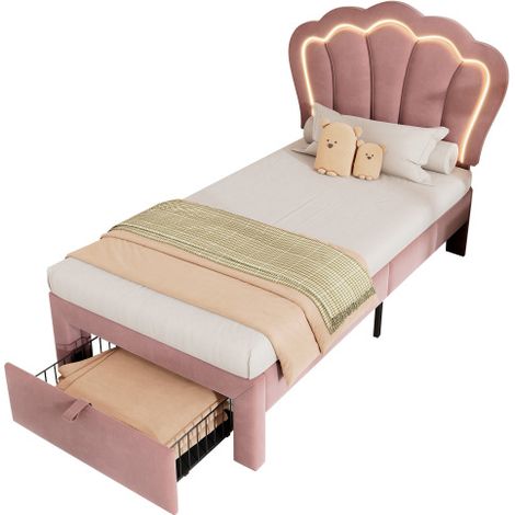 Lit enfant 90x190 velours rose LED APP tiroir tête réglable