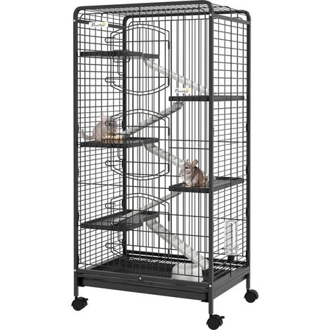 Cage pour rongeurs noire 6 niveaux avec roues, plateformes et bac amovible, 61,5x44x131 cm, habitat complet grand espace