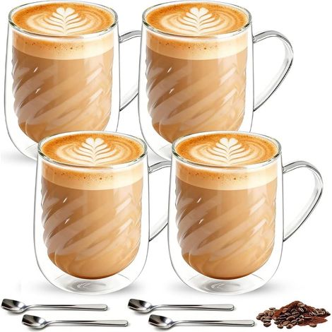Double-Walled Coffee Glasses Set of 4, 350 ml Latte Macchiato Glasses, Insulated Glasses with Handle and Spoons, for Hot Drinks (Cappuccino, Espresso, Tea) and Cold Drinks (Milkshake, Juice, Beer) (1/5)
