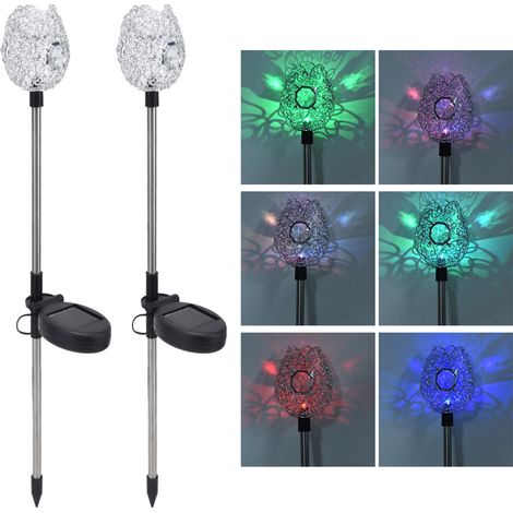 Lot de 2 lampes solaires de jardin LED RGB à charge rapide, design pétale, installation facile. (1/5)