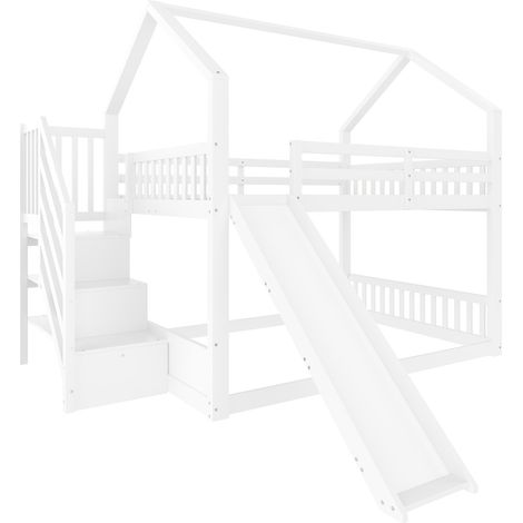 Lit mezzanine enfant avec toboggan et escalier de rangement 140 x 200 cm blanc HOMVRA (1/5)