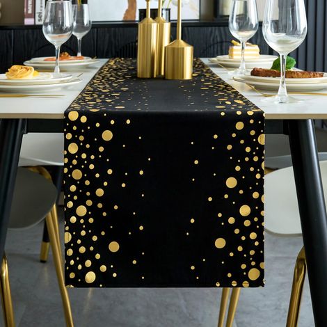 Chemin de Table Noir et Doré 30 x 183 cm en Polyester Décoration de Table Chemin de Table à Manger avec Pois Dorés Décoration de Table pour Mariage Fête d'anniversaire Vacances Noël (1/5)
