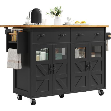 Carrello da cucina 140x73x93.5cm, 2 cassetti, con ruote freni, MDF nero per cucina (1/5)