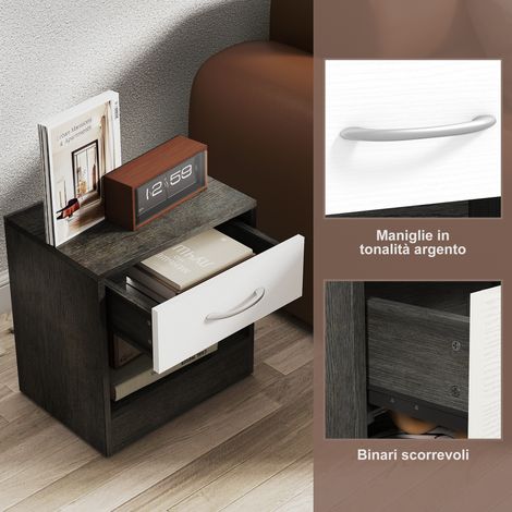 Lot de 2 tables de chevet contemporaines en bois, avec tiroir et compartiment ouvert, dimensions 39x28x41 cm, finition blanc et gris anthracite (1/5)
