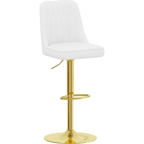 Tabourets de bar réglables en hauteur avec dossier, revêtement en cuir PU blanc matelassé, pieds métalliques dorés, lot de 2 (1/5)