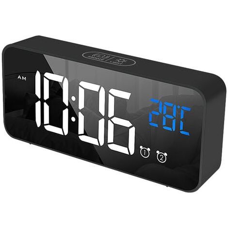 Sveglia digitale nera, sveglia digitale a LED, alba digitale/sonno/2 sveglie/12/24 ore/porta di ricarica USB/13 canzoni (1/4)
